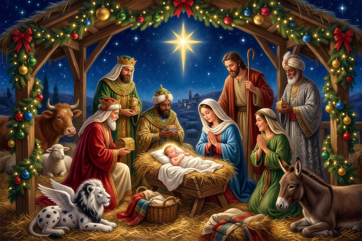 Christmas Backdrop Church Starry Nativity Manger Gathering Nativity Scene Backdrops UK RR610-45