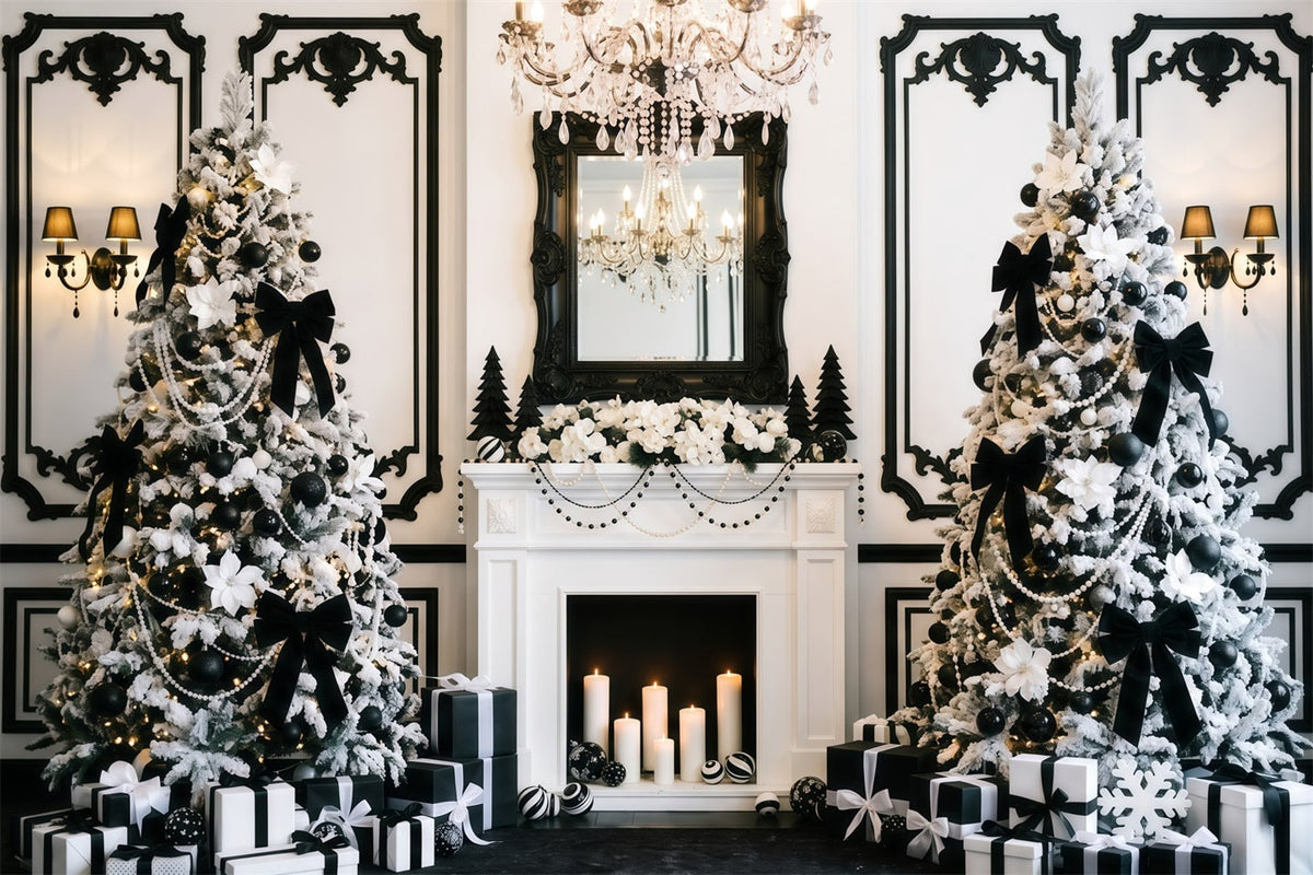 Black And White Christmas Backdrop Elegant Fireplace Tree Purple Christmas Backdrop UK RR610-49