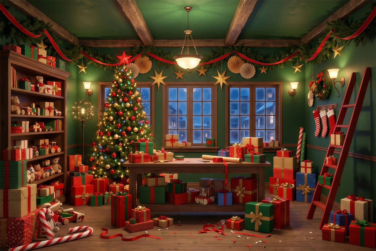 Santa Backdrop Festive Green Gift Workshop Christmas Backdrop UK RR610-52