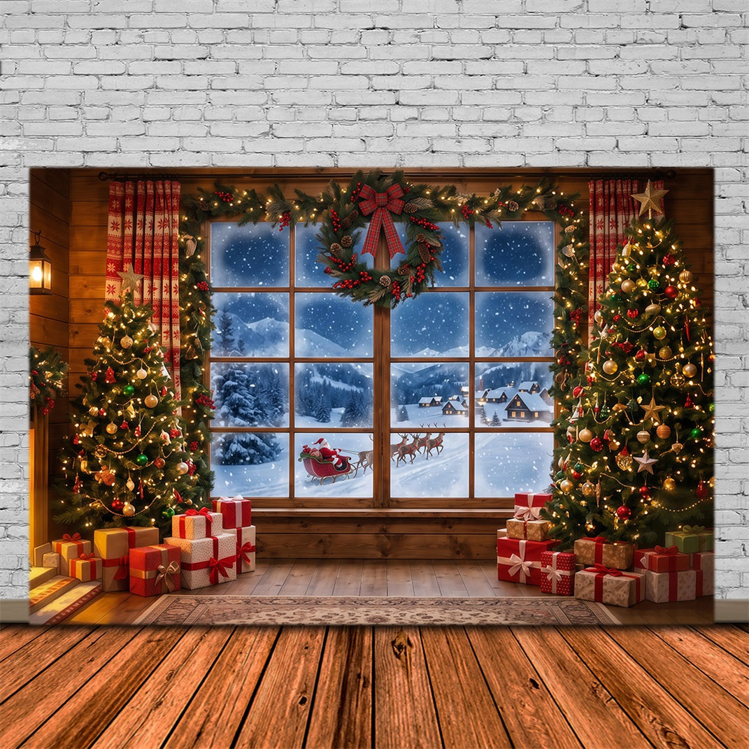 Santa Backdrop Snowy Window Forest Sleigh Christmas Backdrops UK RR610-53