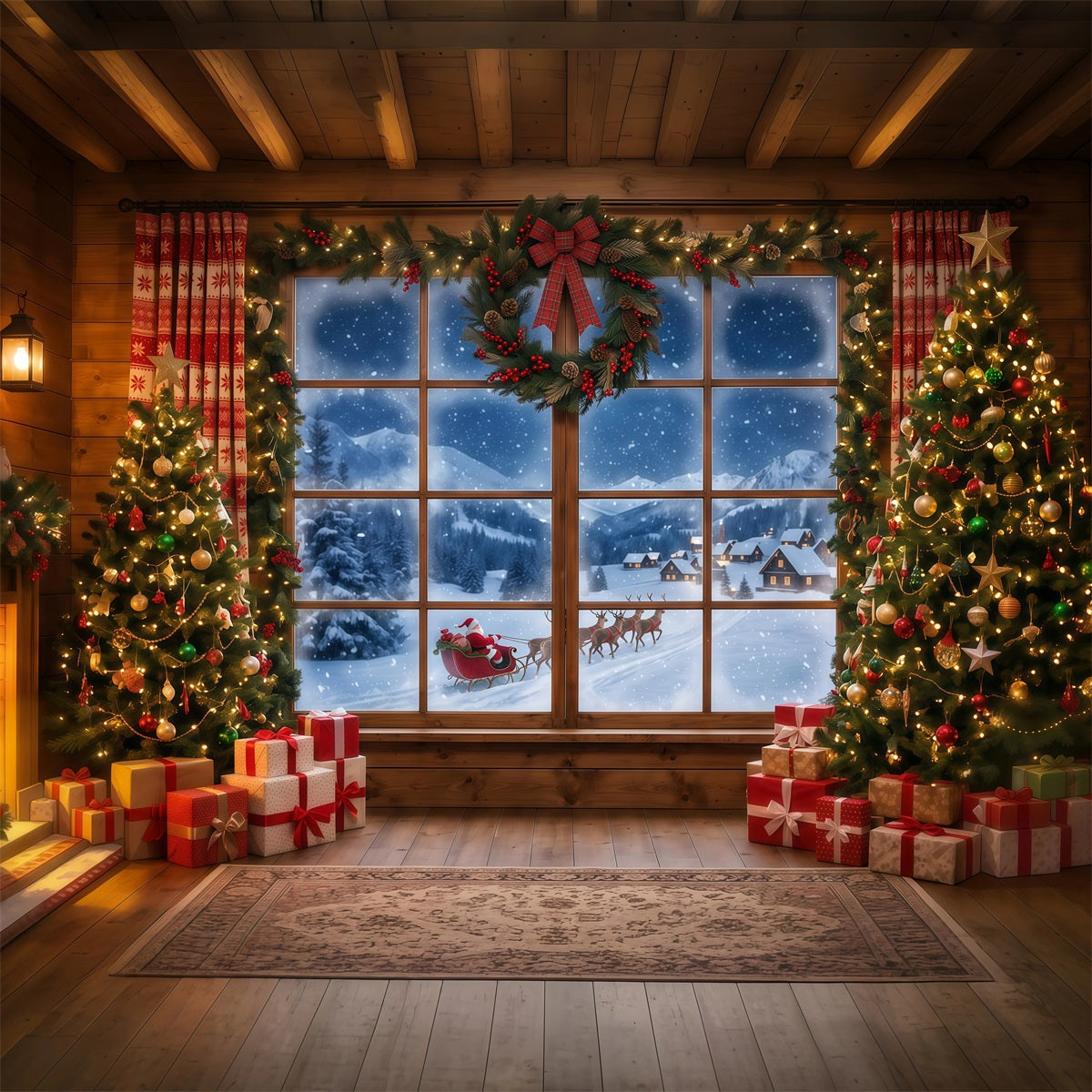 Santa Backdrop Snowy Window Forest Sleigh Christmas Backdrops UK RR610-53