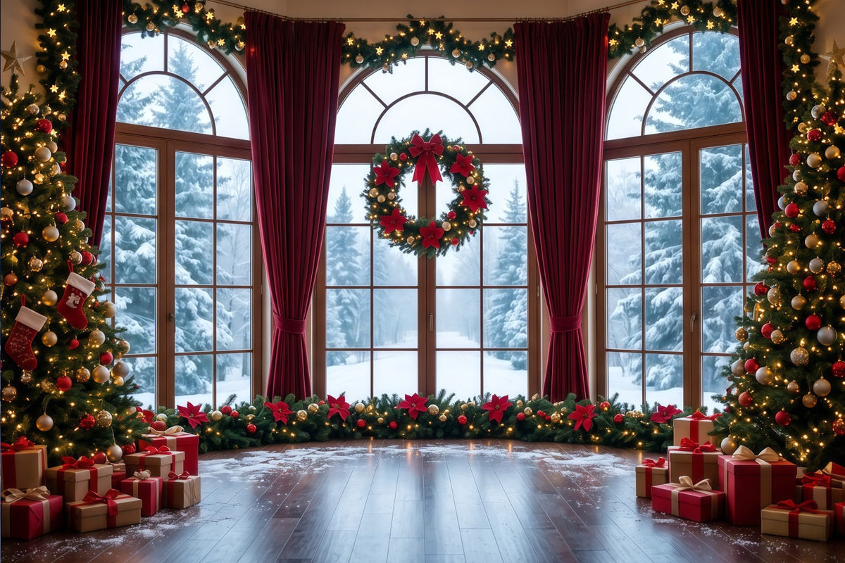 Christmas Backdrops Snowy Window Wreath Display Christmas Backdrop for Photos UK RR610-55