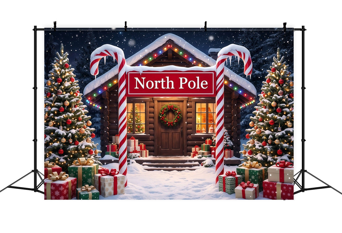 North Pole Photo Backdrop Candy Cane Snowy Cabin Professional Christmas Backdrop UK RR610-56