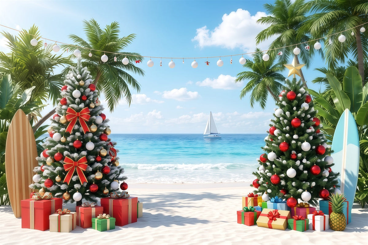 Tropical Christmas Backdrop Beach Sea Palm Trees Christmas Backdrops for Photos UK RR610-57