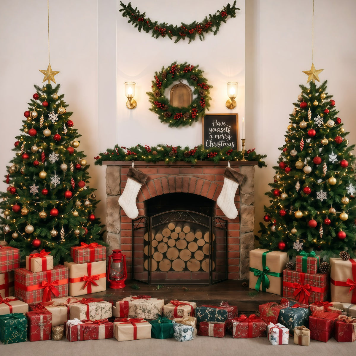 Christmas Backdrop For Photography Cozy Fireplace Tree Display Backdrops For Christmas UK RR610-6
