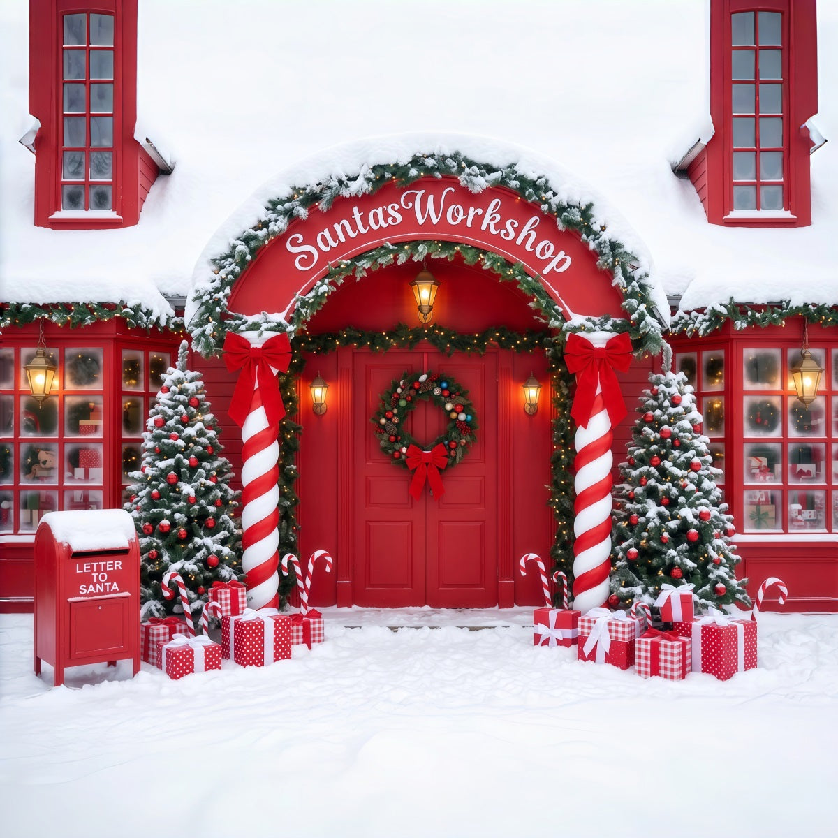 Santa's Workshop Backdrop Snowy Candy Cane Door Christmas Red Backdrop UK RR610-60