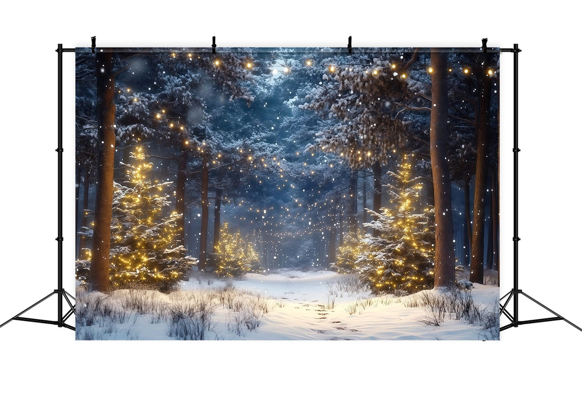 Christmas Tree Farm Backdrop Snowy Forest Golden Lights Christmas Tree Backdrops UK RR610-66