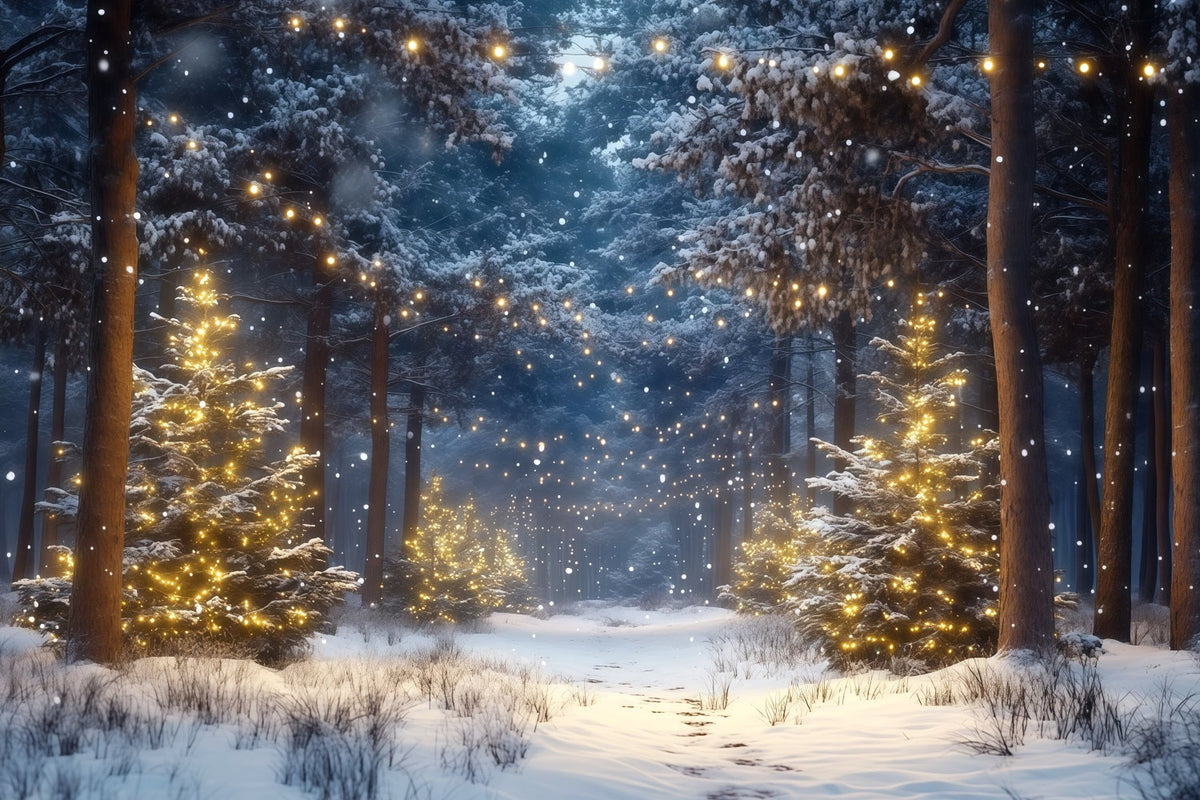 Christmas Tree Farm Backdrop Snowy Forest Golden Lights Christmas Tree Backdrops UK RR610-66