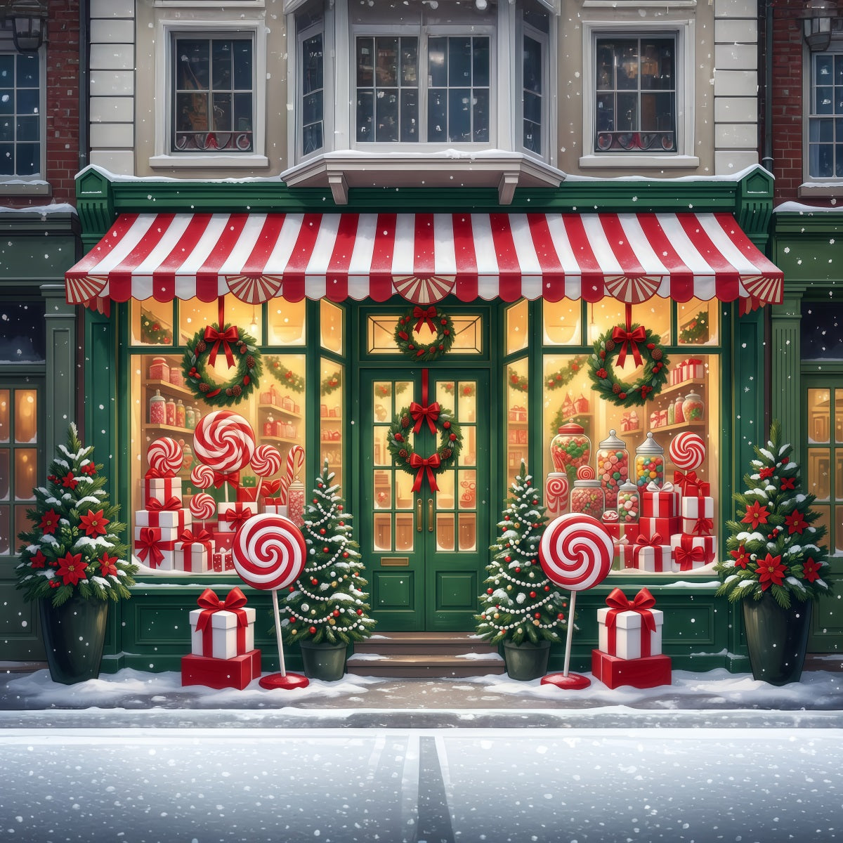 Christmas Candy Cane Backdrop Lollipop Candy Shopfront Merry Christmas Backdrop UK RR610-70