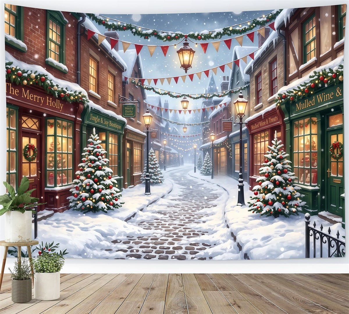 Christmas Village Backdrops Snowy Shopping Street Christmas Street Backdrop UK RR610-73