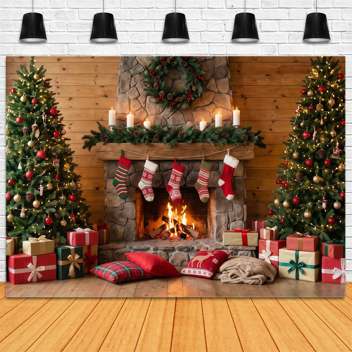 Christmas Fireplace Backdrop Rustic Stone Stockings Christmas Backdrop for Photography UK RR610-74