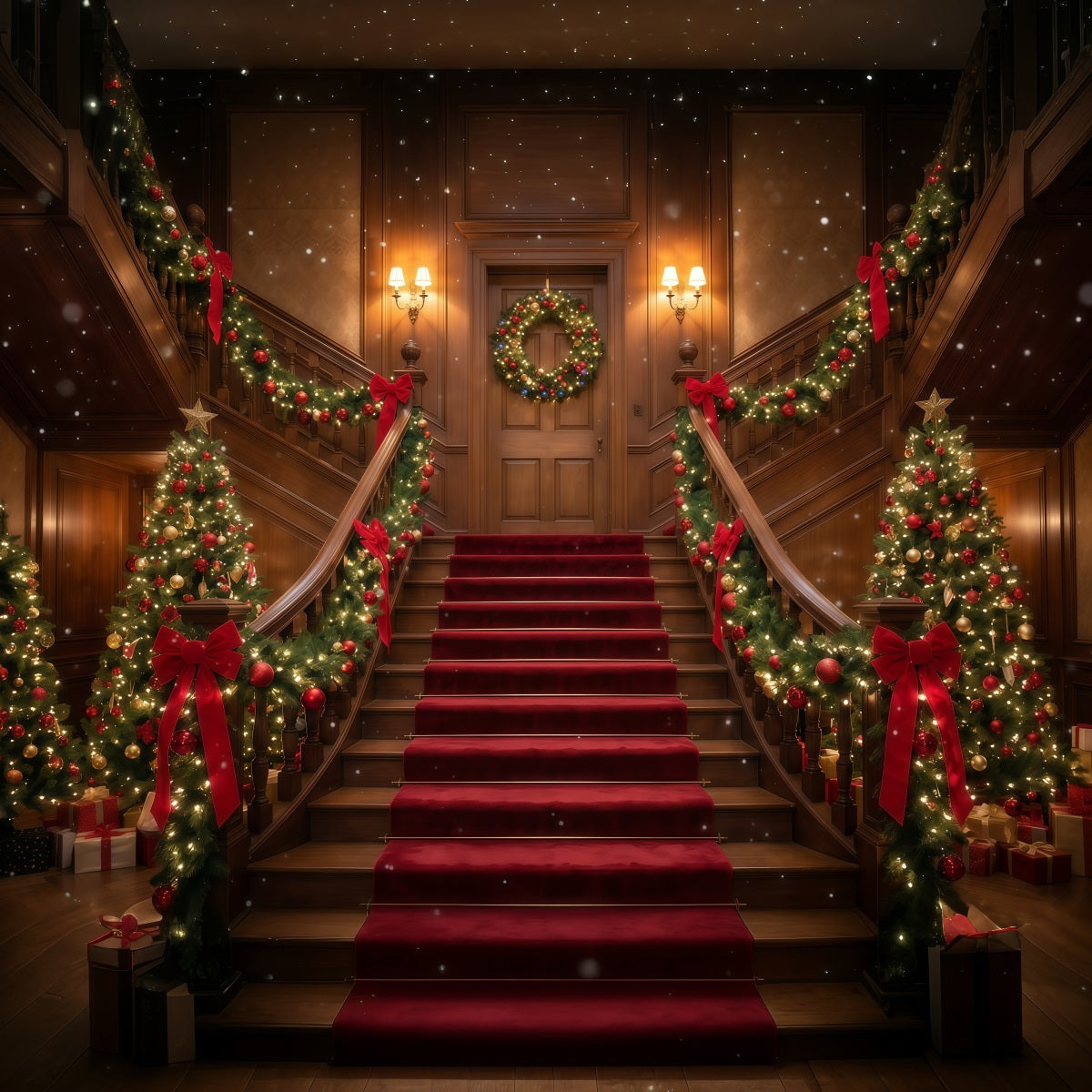 Christmas Scene Backdrop Burgundy Staircase Garland Display Christmas Staircase Backdrop UK RR610-75