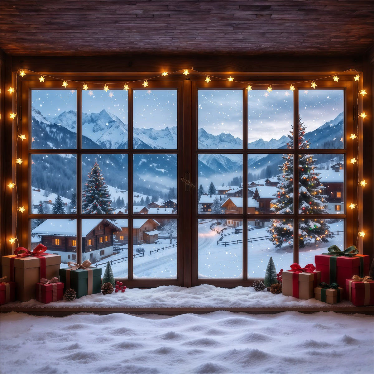 Winter Christmas Backdrop Snowy Alpine Cabin Window Christmas Village Backdrops UK RR610-77