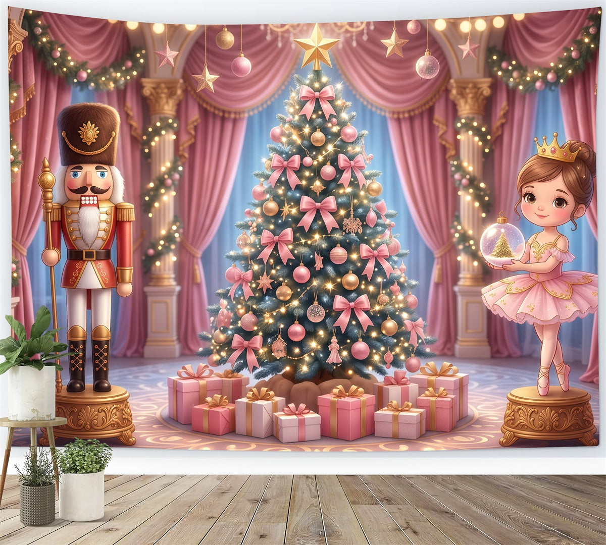 Nutcracker Ballet Backdrop Pink Palace Bow Tree Christmas Scene Backdrop UK RR610-8