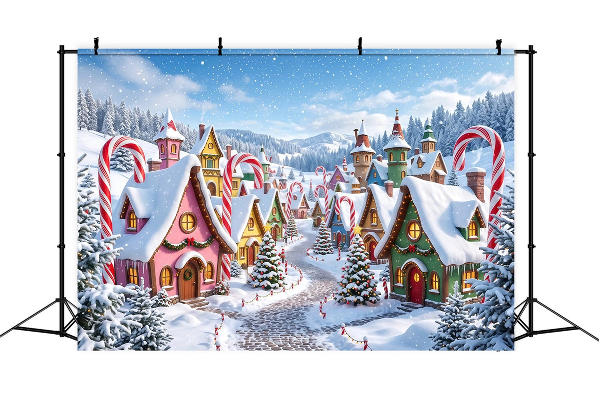 Christmas Village Backdrops Snowy Candy Cane Cottage Christmas Photo Backdrop UK RR610-81