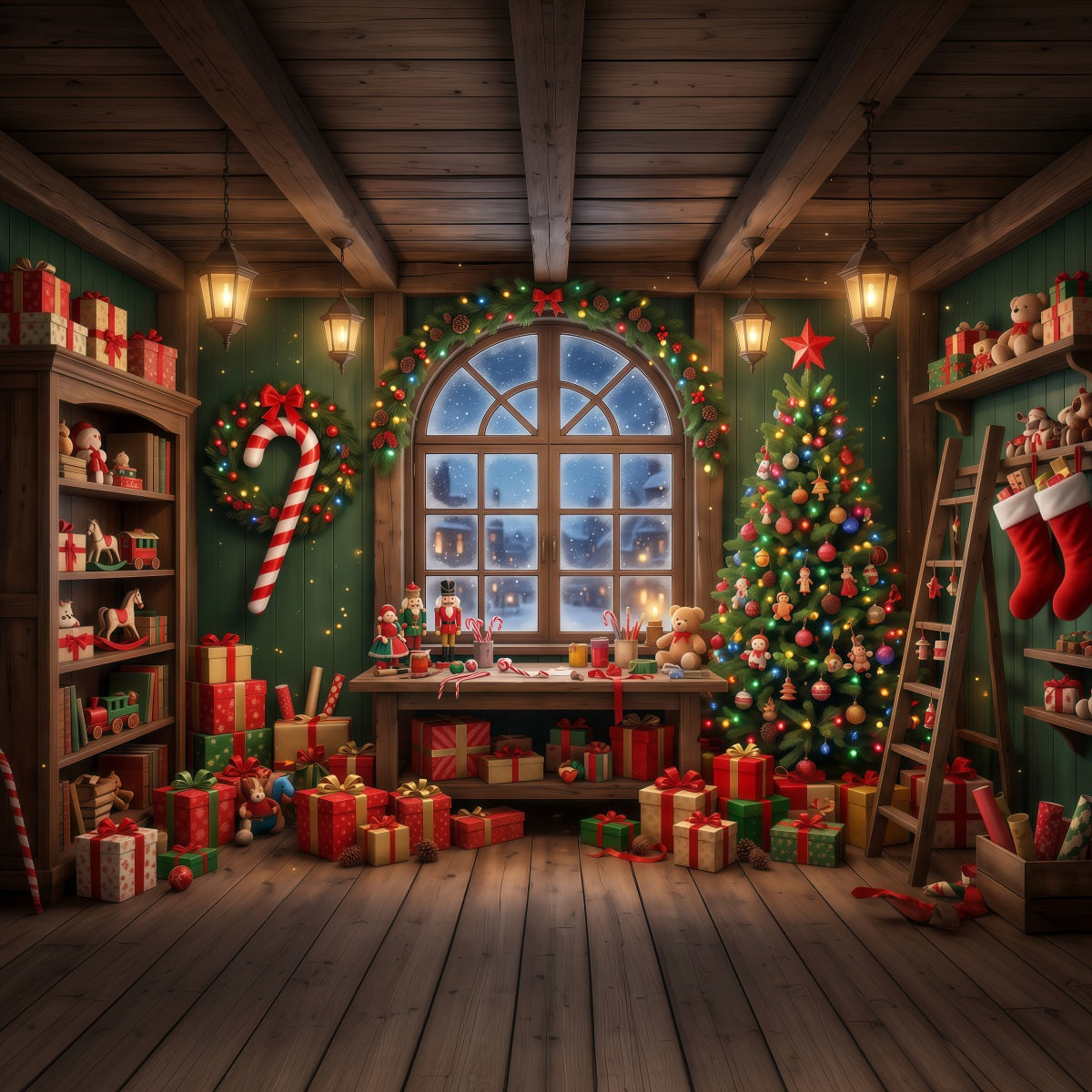 Santa Backdrop Festive Toy Workshop Window Christmas Backdrop UK RR610-82