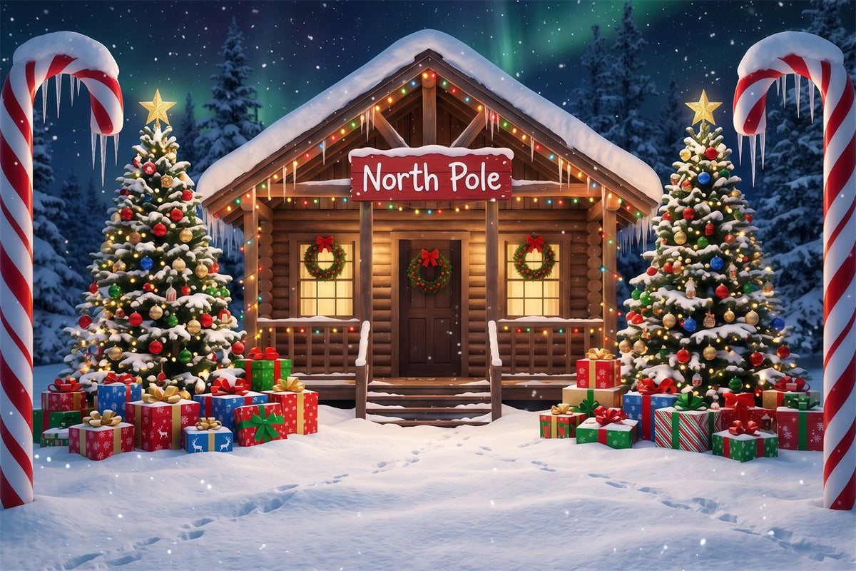 North Pole Photo Backdrop Candy Cane Cabin Entrance Professional Christmas Backdrop UK RR610-86