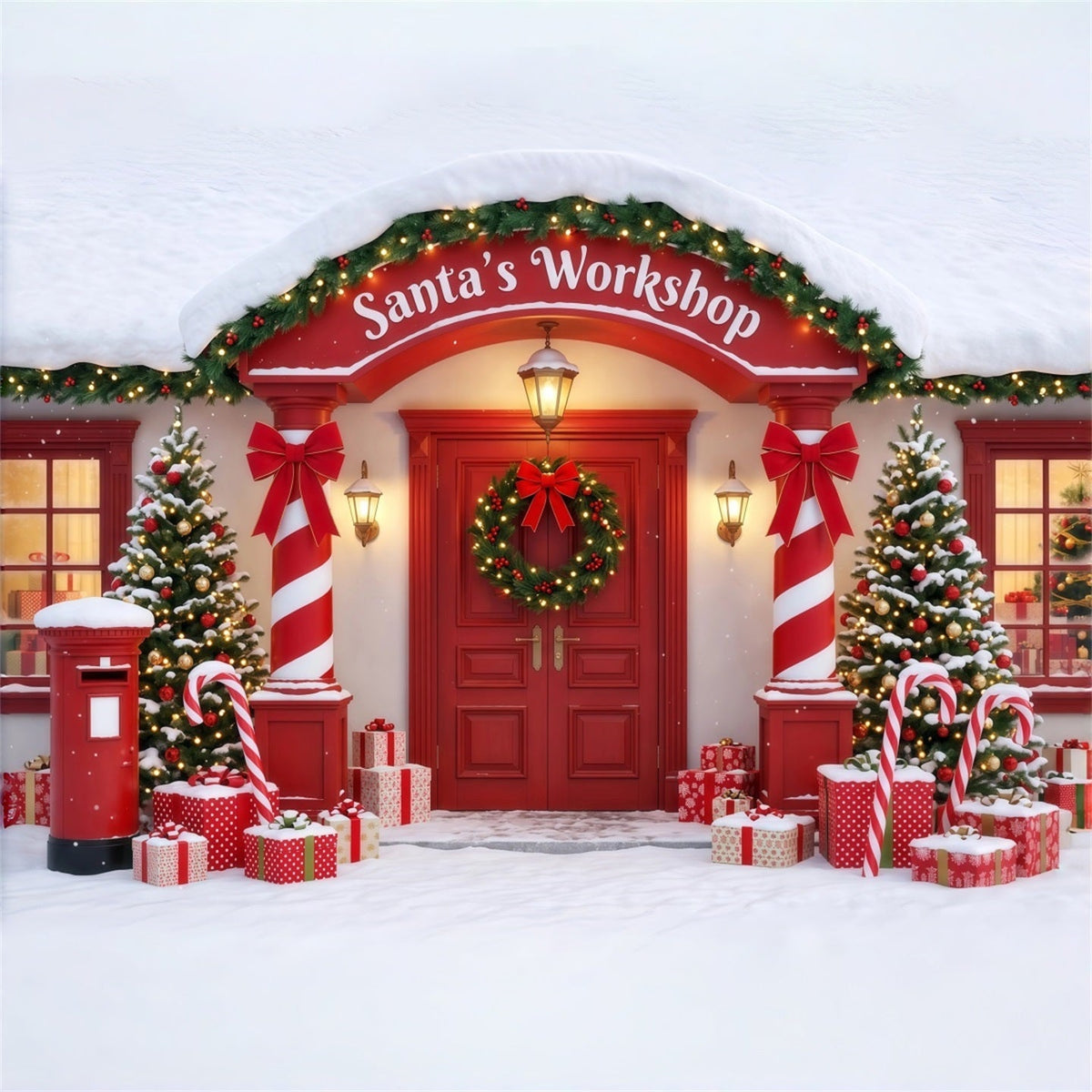 Santa's Workshop Backdrop Candy Cane Room Entrance Christmas Red Backdrop UK RR610-90