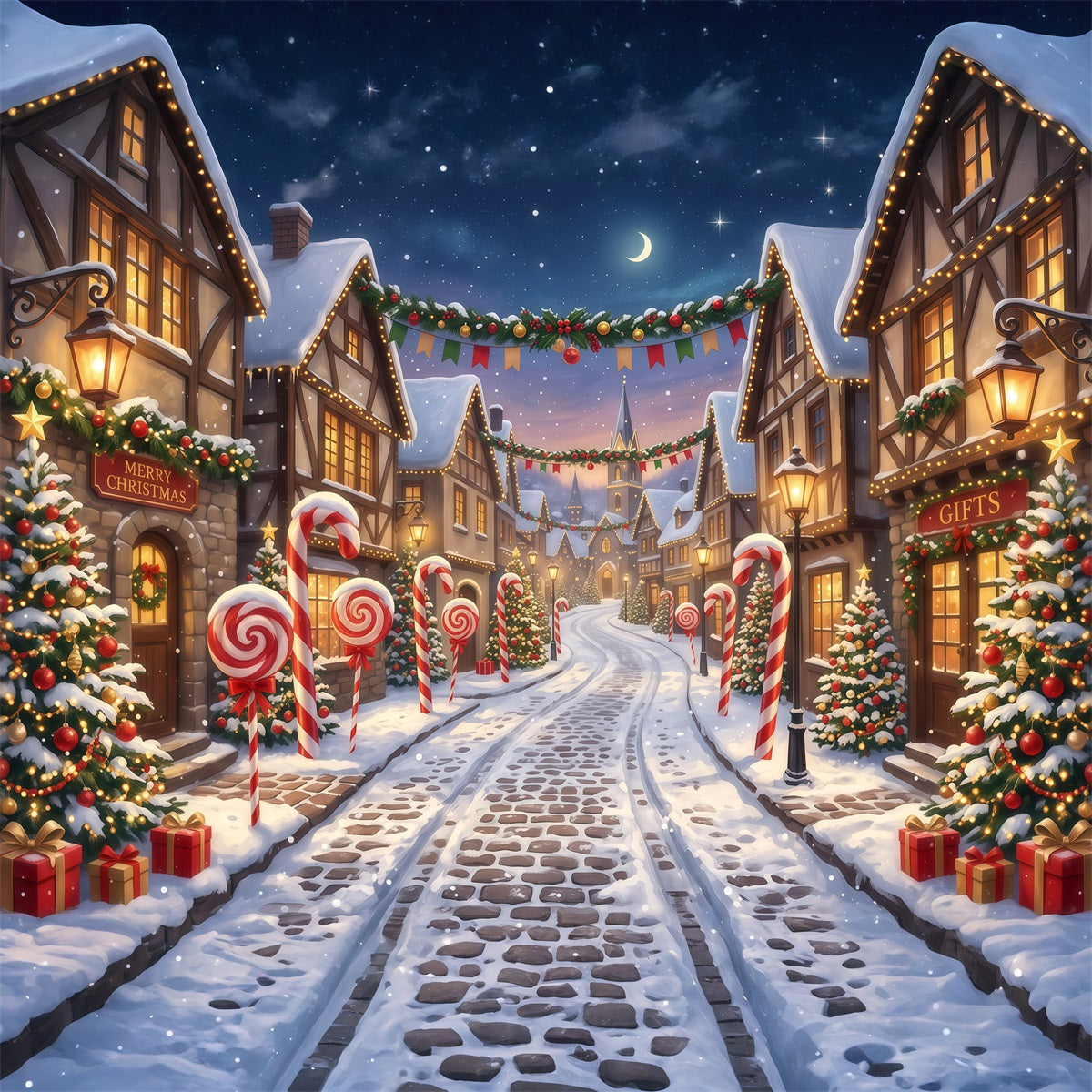 Christmas Village Backdrops Candy Cane Snow Street Photography Christmas Backdrops UK RR610-94