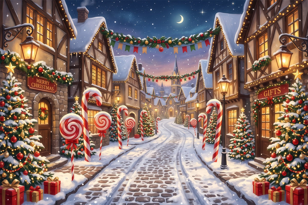 Christmas Village Backdrops Candy Cane Snow Street Photography Christmas Backdrops UK RR610-94