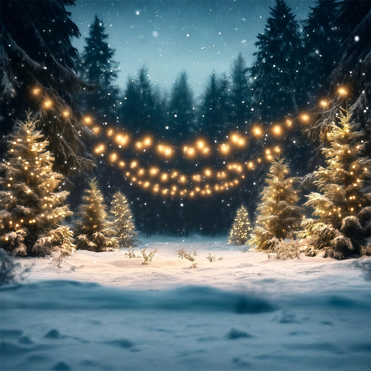 Christmas Tree Farm Backdrop Snowy Forest Golden Lights Christmas Tree Backdrops UK RR610-96