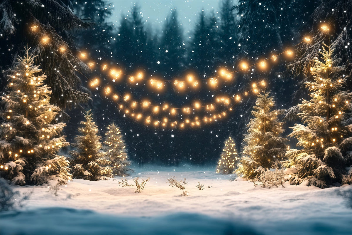 Christmas Tree Farm Backdrop Snowy Forest Golden Lights Christmas Tree Backdrops UK RR610-96
