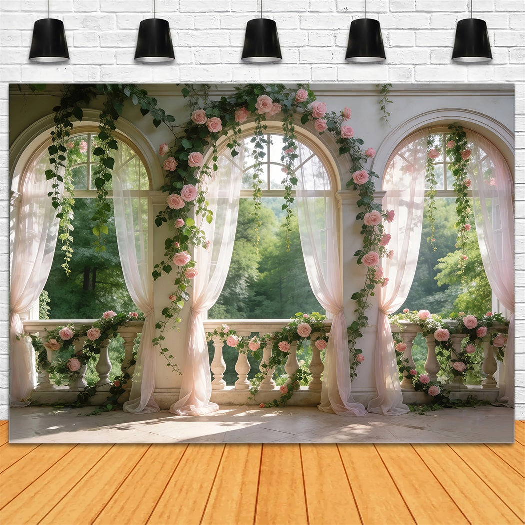Garden Photo Backdrop Blush Rose Balcony Rose Arch Spring Backdrop Ideas UK RR62-11