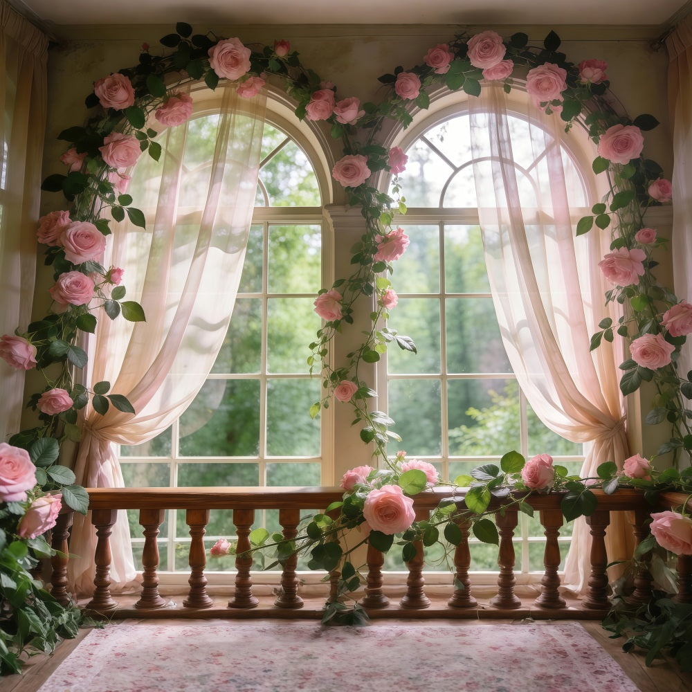 Rose Garden Backdrop Soft Pink Floral Window Glow Spring Photography Backdrops UK RR62-12