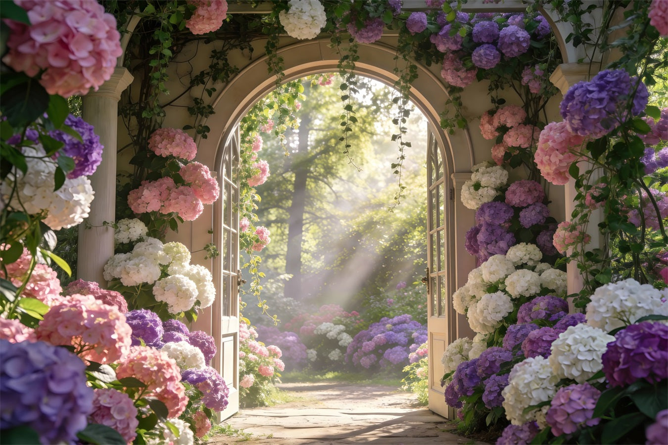 Enchanted Garden Photo Backdrop Sunlit Hydrangea Floral Archway Spring Backdrop UK RR62-13