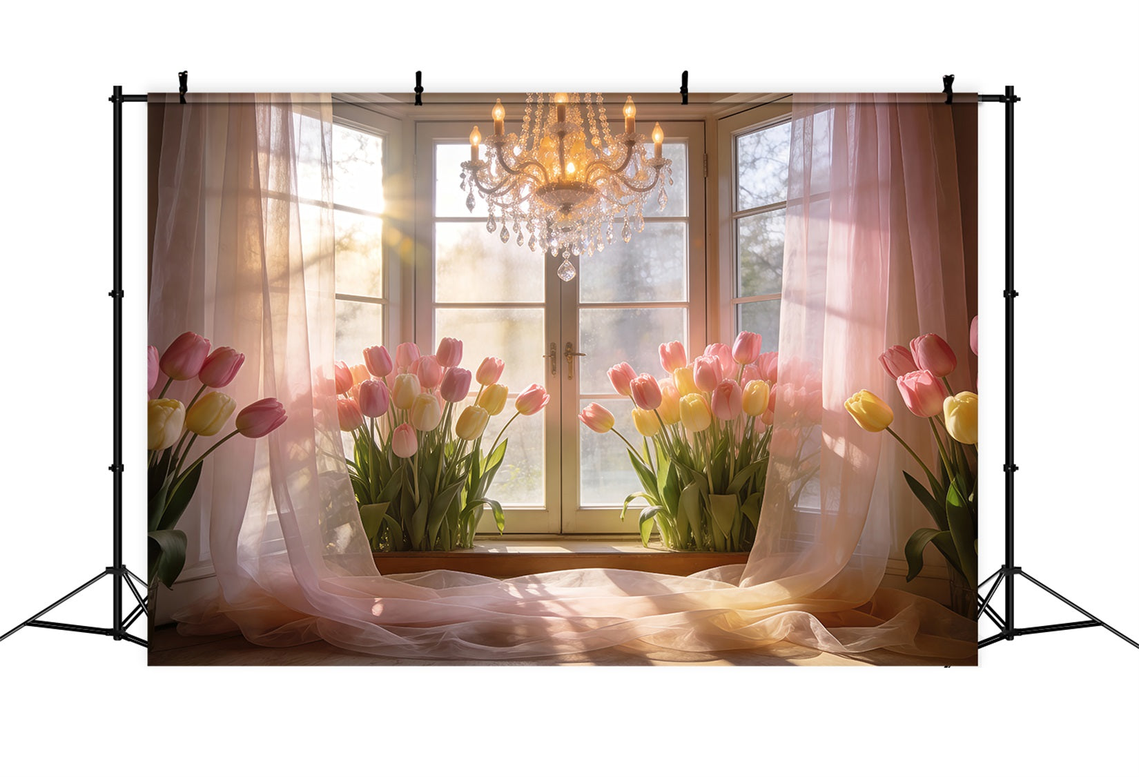 Tulip Backdrop Golden Sunlit Window Chandelier Spring Backdrops For Photography UK RR62-16