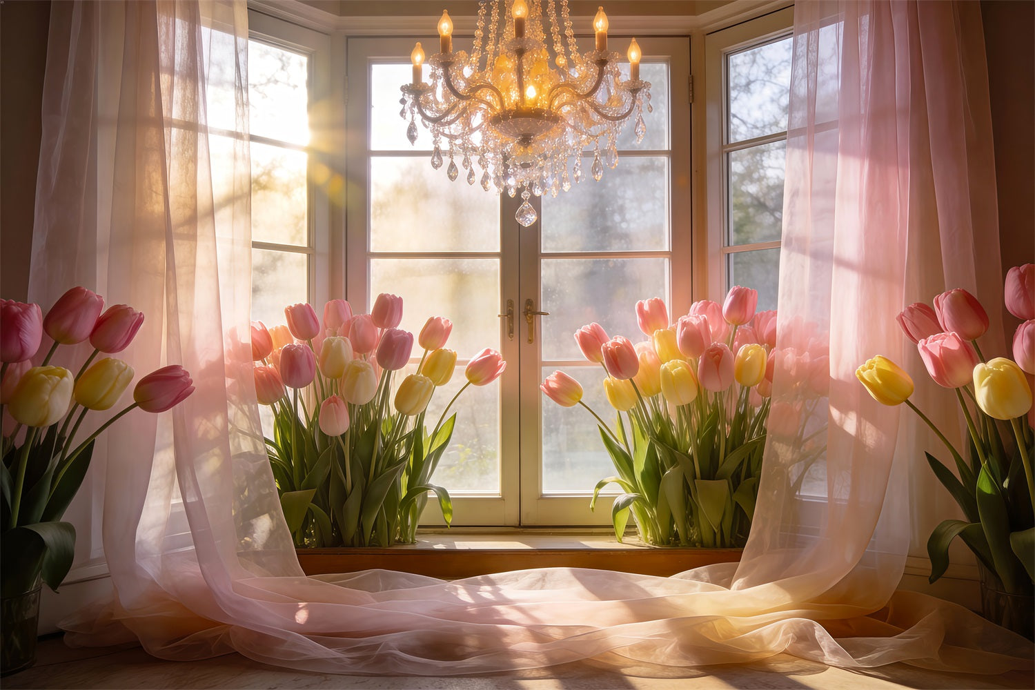 Tulip Backdrop Golden Sunlit Window Chandelier Spring Backdrops For Photography UK RR62-16
