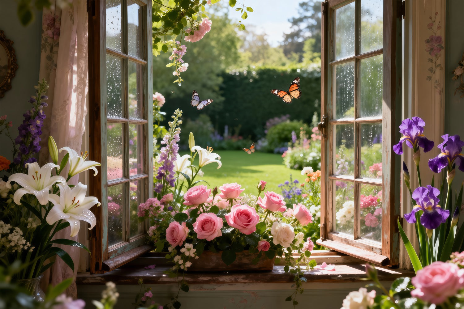 Butterfly Photo Backdrop Lily Rose Garden Window Bloom Springtime Backdrop UK RR62-17