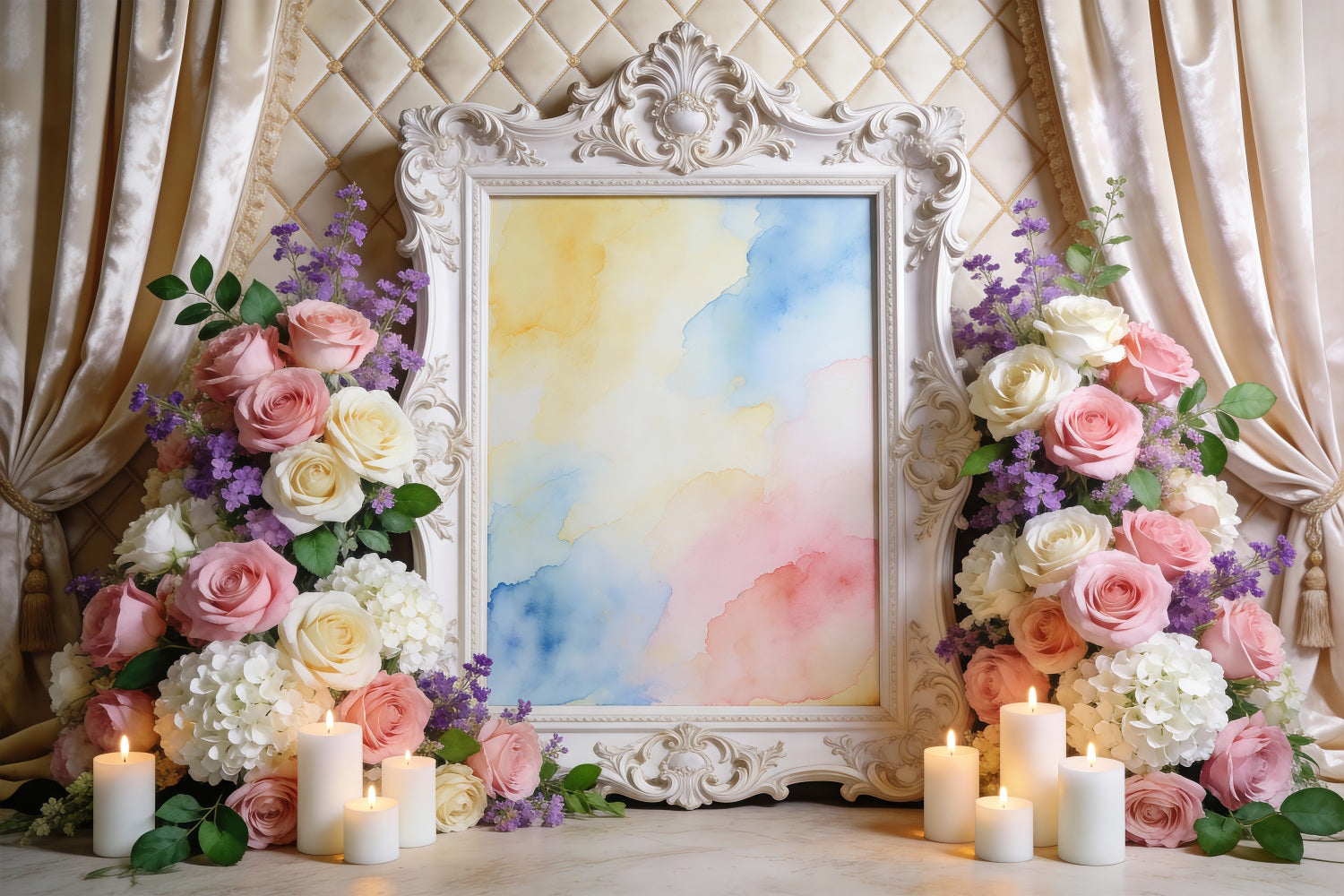 Spring Floral Backdrop Ornate Frame Watercolor Flowers Spring Backdrop Ideas UK RR62-2