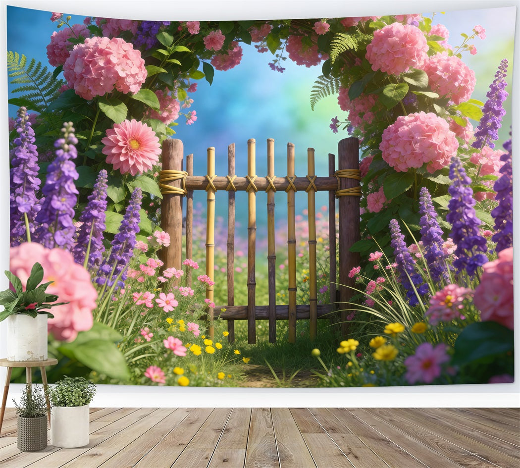 Wildflower Garland Backdrop Pastel Meadow Bamboo Gate Springtime Backdrop UK RR62-23