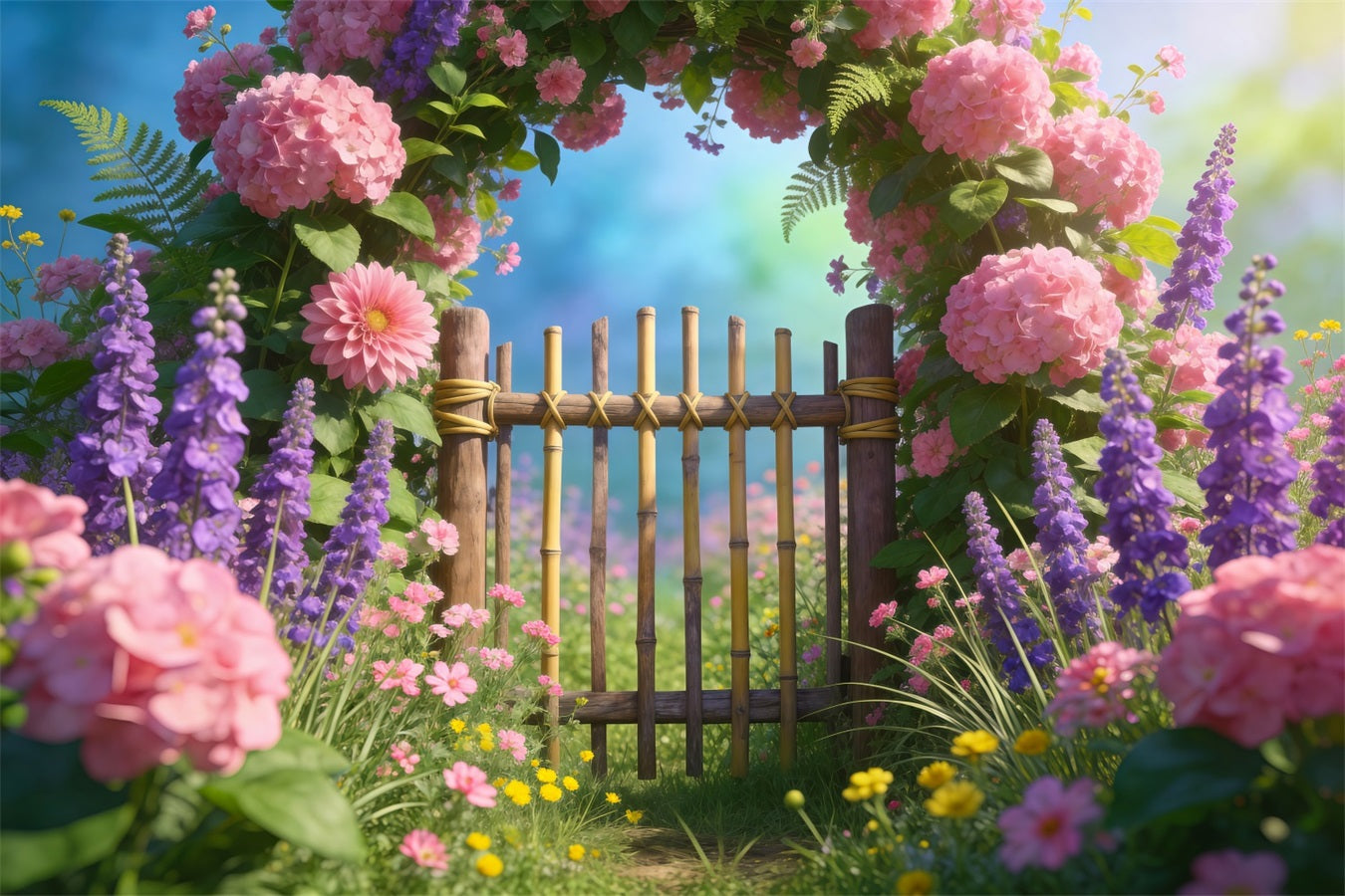 Wildflower Garland Backdrop Pastel Meadow Bamboo Gate Springtime Backdrop UK RR62-23