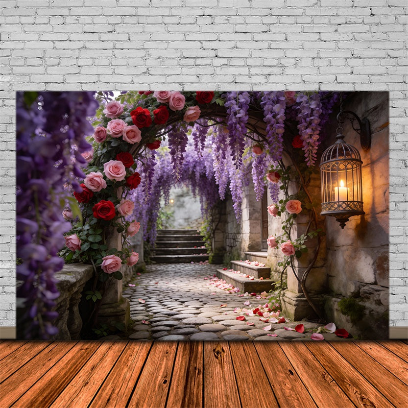 Flower Garden Backdrop Wisteria Rose Stone Passage Spring Photo Backdrop Ideas UK RR62-25