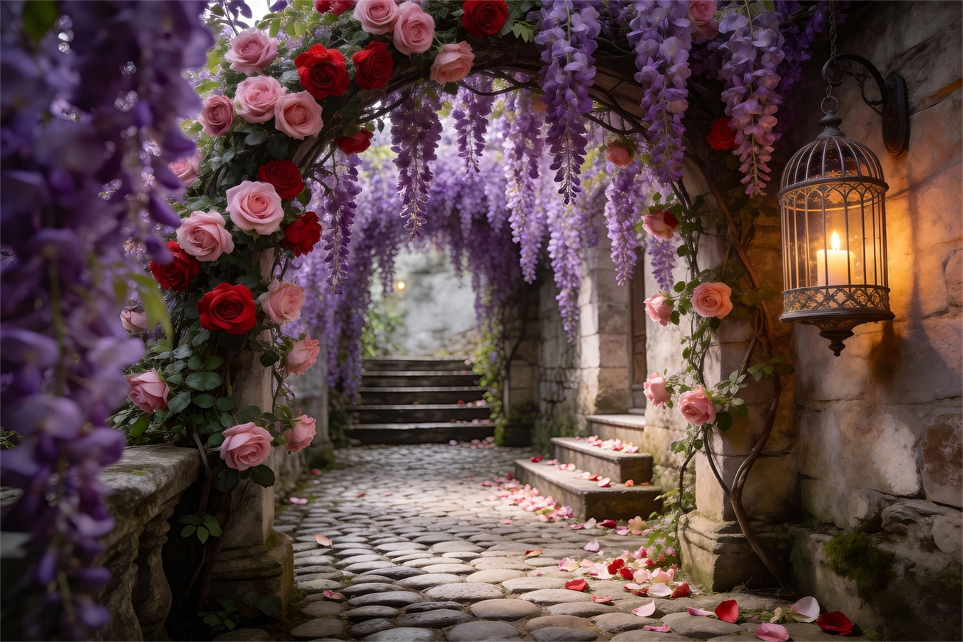 Flower Garden Backdrop Wisteria Rose Stone Passage Spring Photo Backdrop Ideas UK RR62-25
