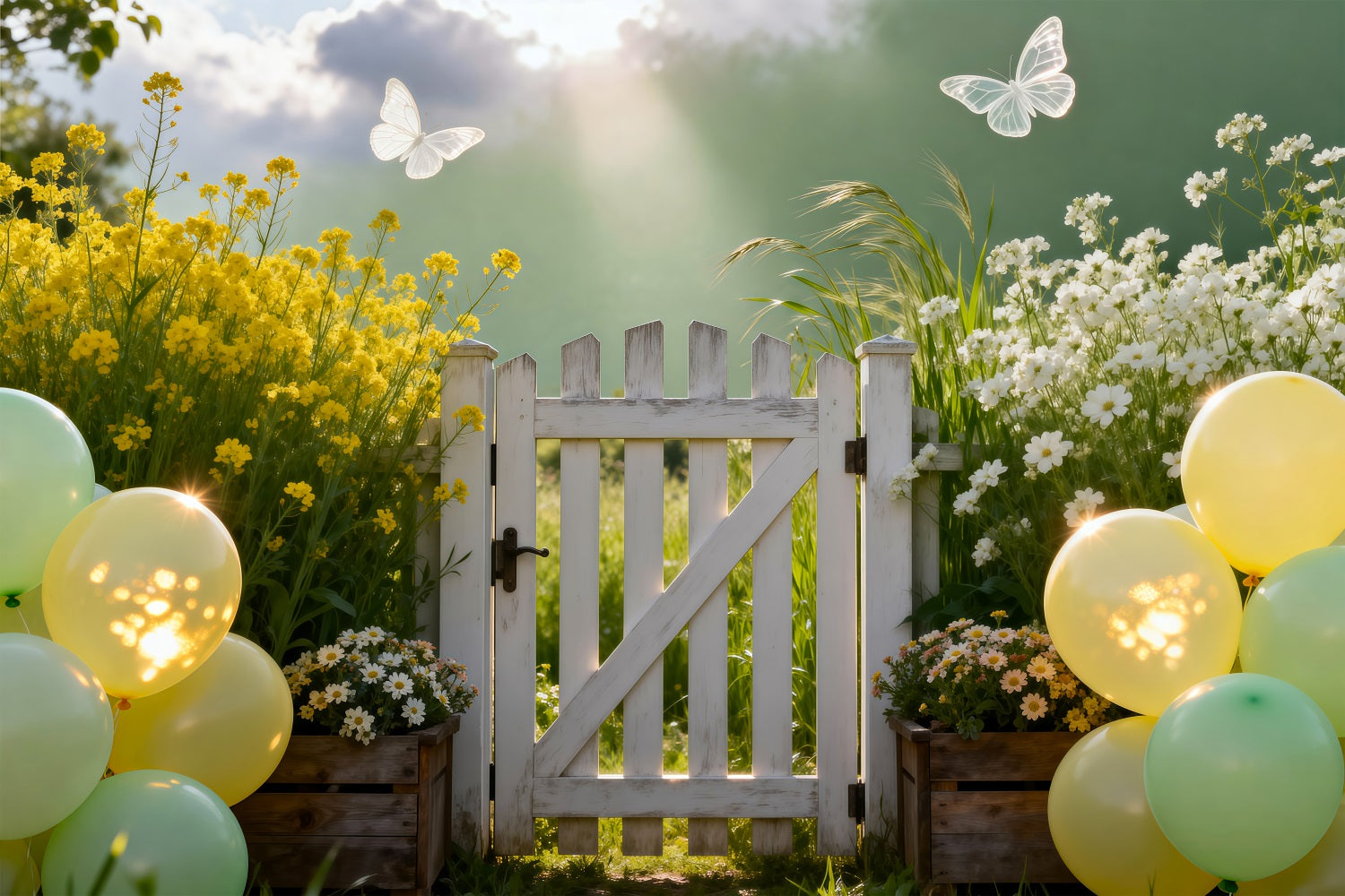 Spring Balloon Backdrop Pastel Meadow Gate Sunlight Floral Garden Backdrop UK RR62-28