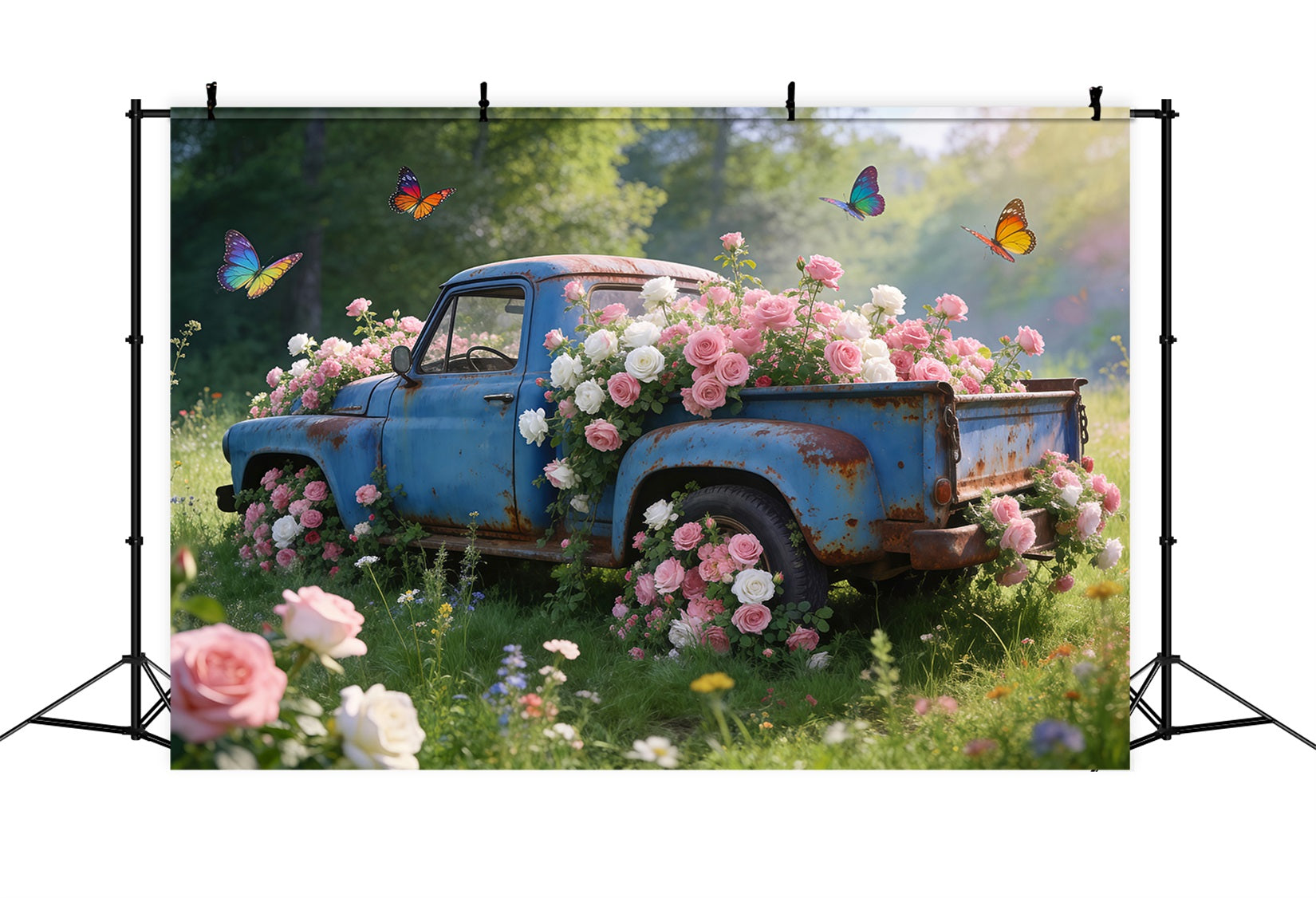 Wildflower Photo Backdrop Vintage Blue Truck Rose Meadow Spring Theme Backdrop UK RR62-31