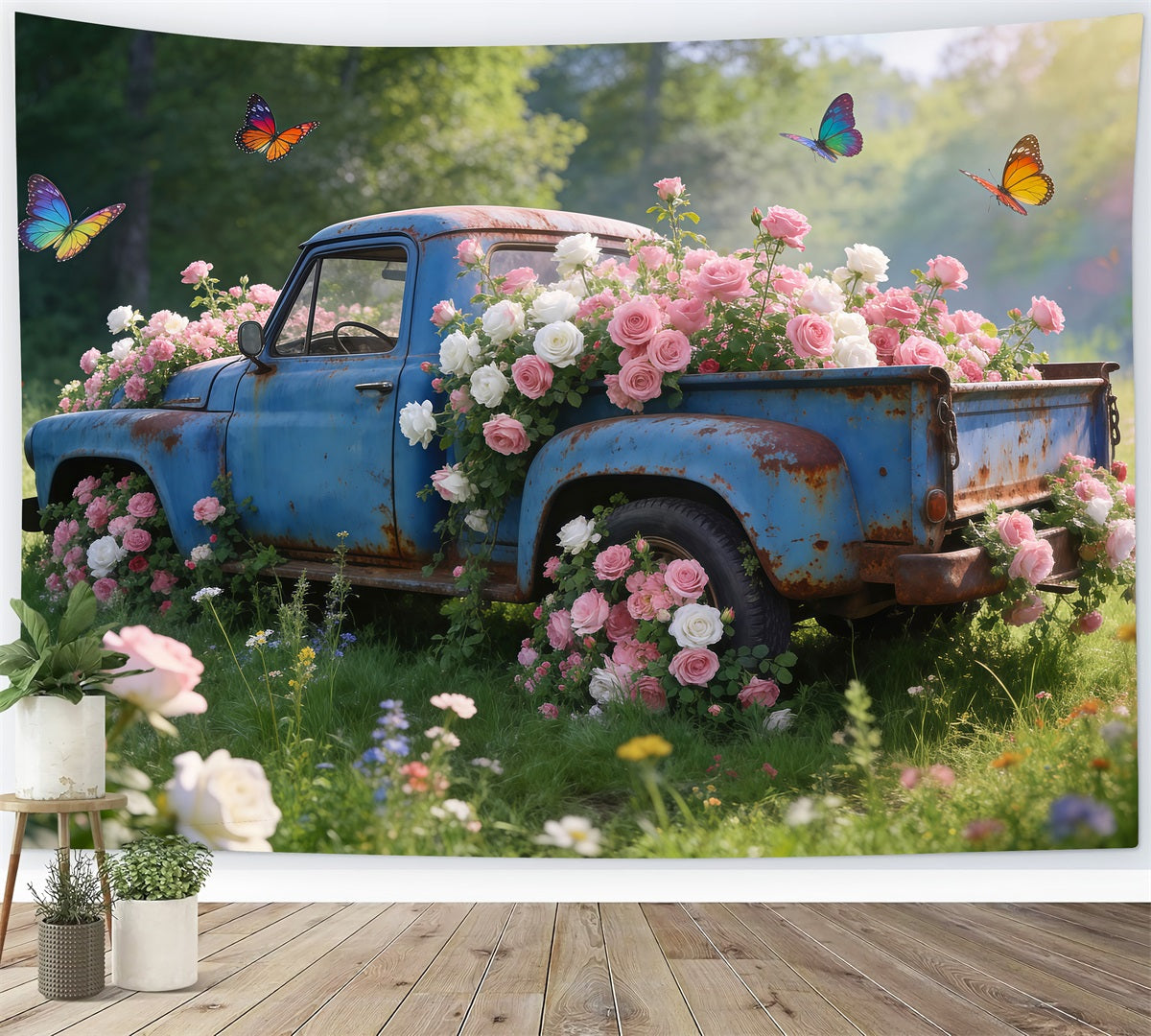 Wildflower Photo Backdrop Vintage Blue Truck Rose Meadow Spring Theme Backdrop UK RR62-31