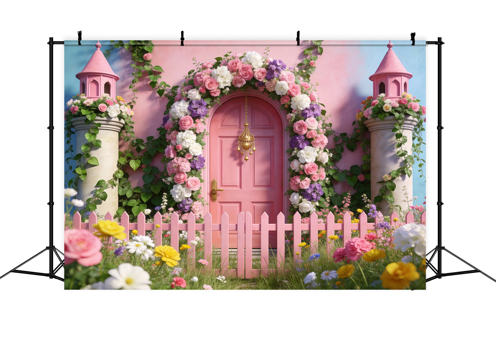 Spring Garden Backdrop Fairytale Pink Door Fence Floral Arch Backdrop UK RR62-38