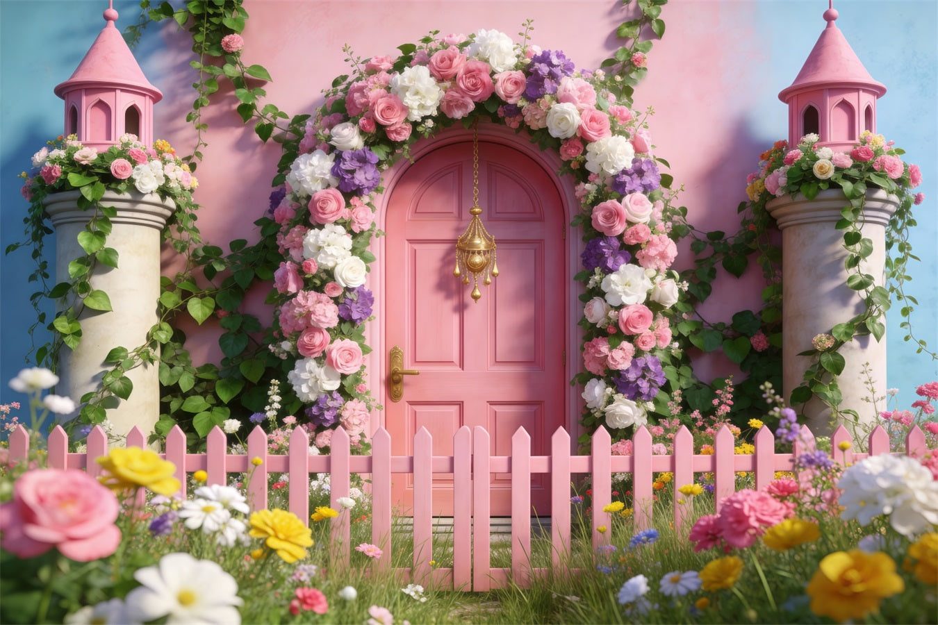 Spring Garden Backdrop Fairytale Pink Door Fence Floral Arch Backdrop UK RR62-38