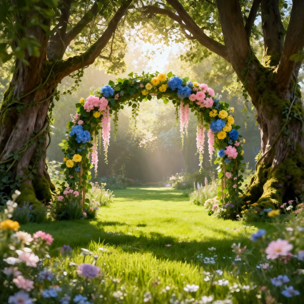 Spring Woodland Path Backdrop Sunlit Forest Floral Arch Springtime Backdrop UK RR62-48
