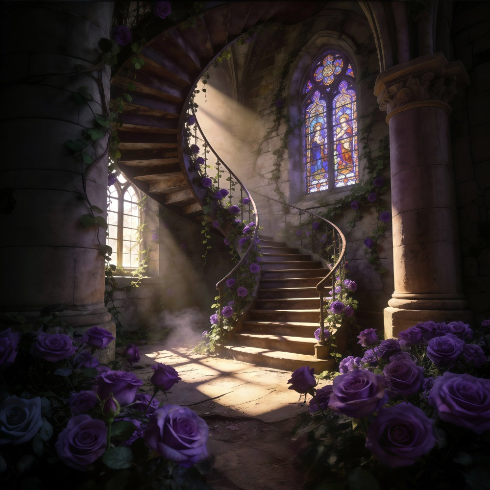 Spring Flowers Backdrop Purple Rose Spiral Staircase Floral Picture Backdrop UK RR62-50