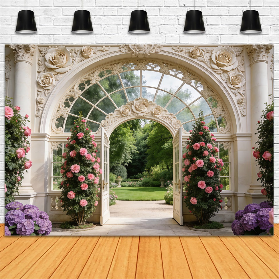 Garden Backdrop Elegant Palace Door Rose Gate Spring Backdrops For Photography UK RR62-7