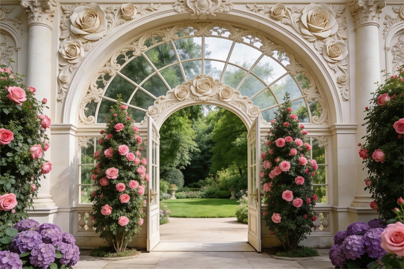 Garden Backdrop Elegant Palace Door Rose Gate Spring Backdrops For Photography UK RR62-7