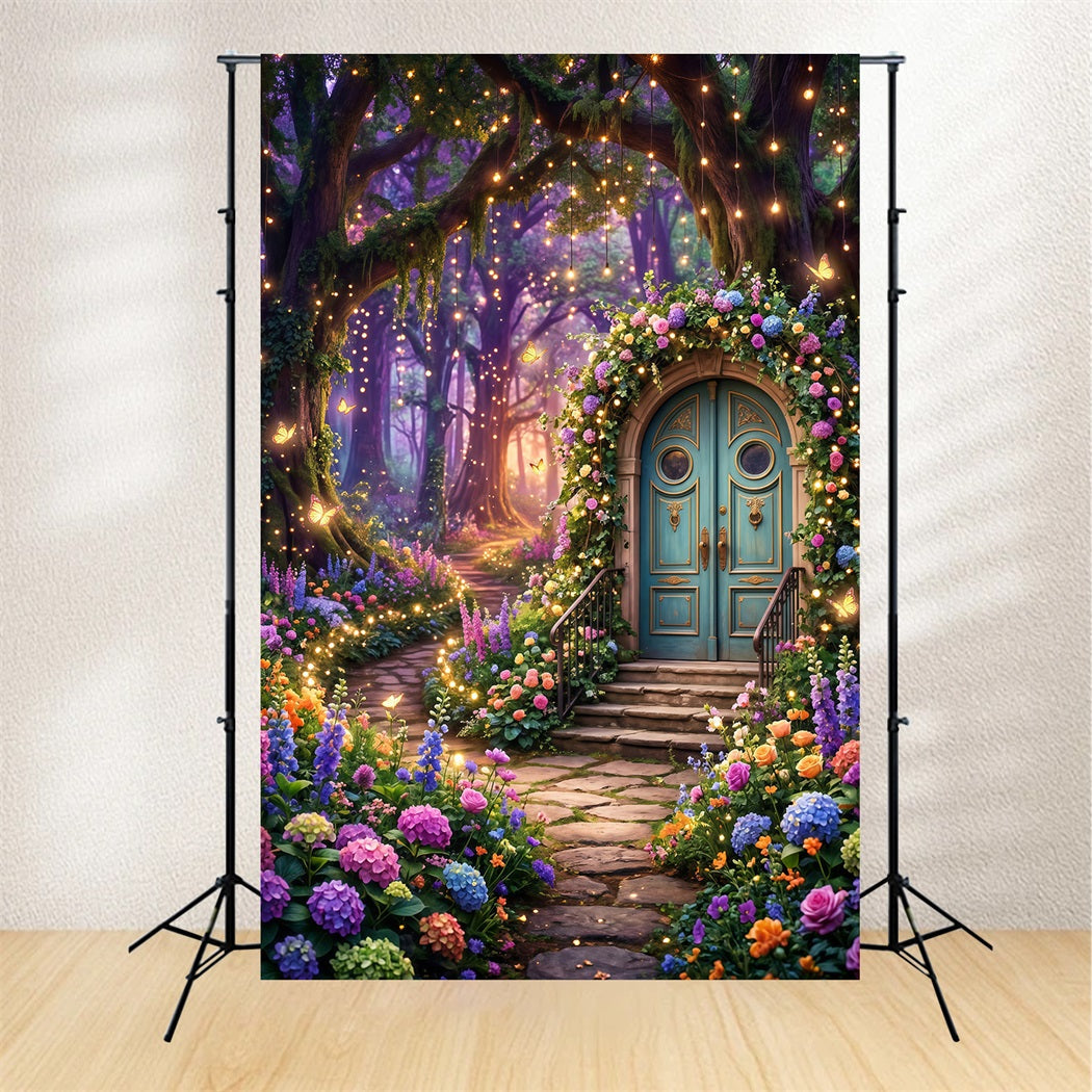 Forest Photo Backdrop Fantasy Floral Door Glowing Butterfly Garden Twilight Forest Backdrop UK RR63-124