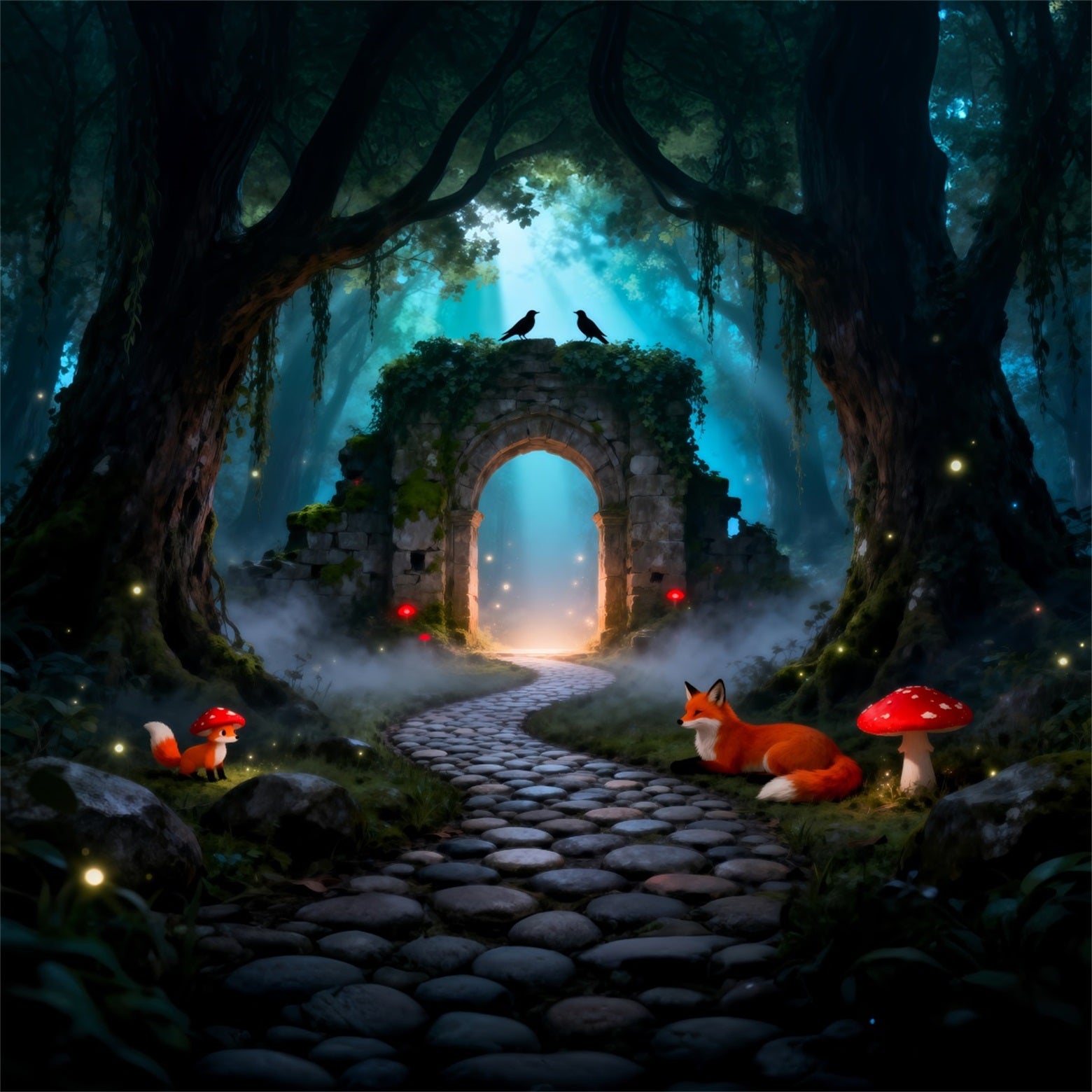 Spooky Forest Backdrop Mystic Ruins Archway Fox Mushroom Path Forest Backdrop Ideas UK RR63-125