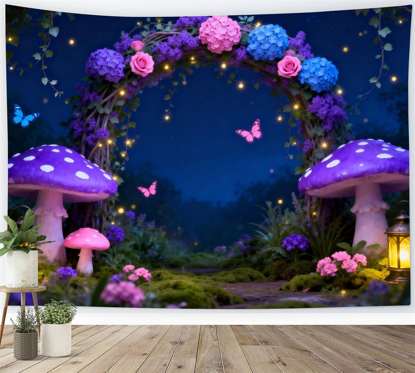 Enchanted Forest Photo Backdrop Night Fairy Arch Glowing Mushroom Forest Photo Backdrops UK RR63-128