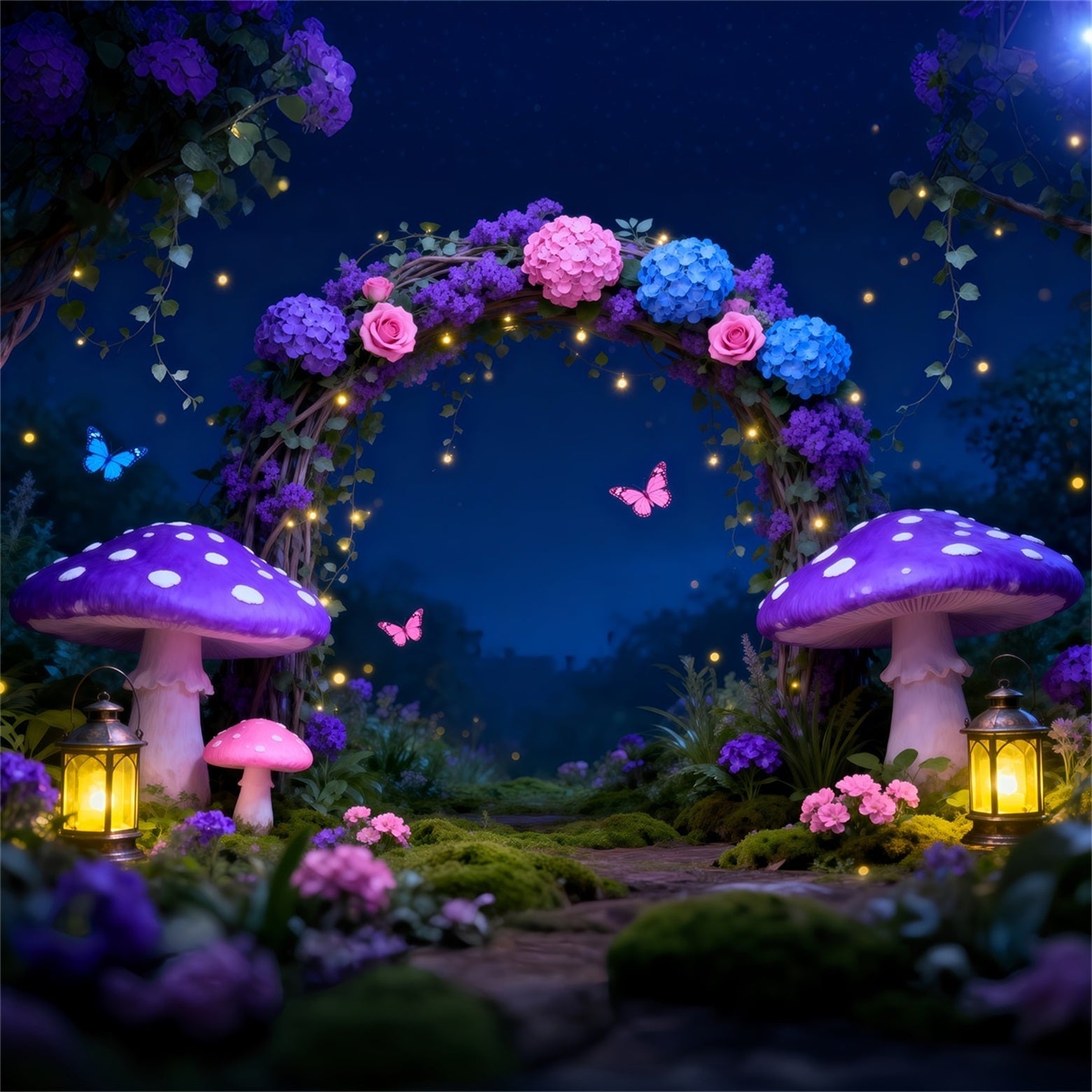 Enchanted Forest Photo Backdrop Night Fairy Arch Glowing Mushroom Forest Photo Backdrops UK RR63-128